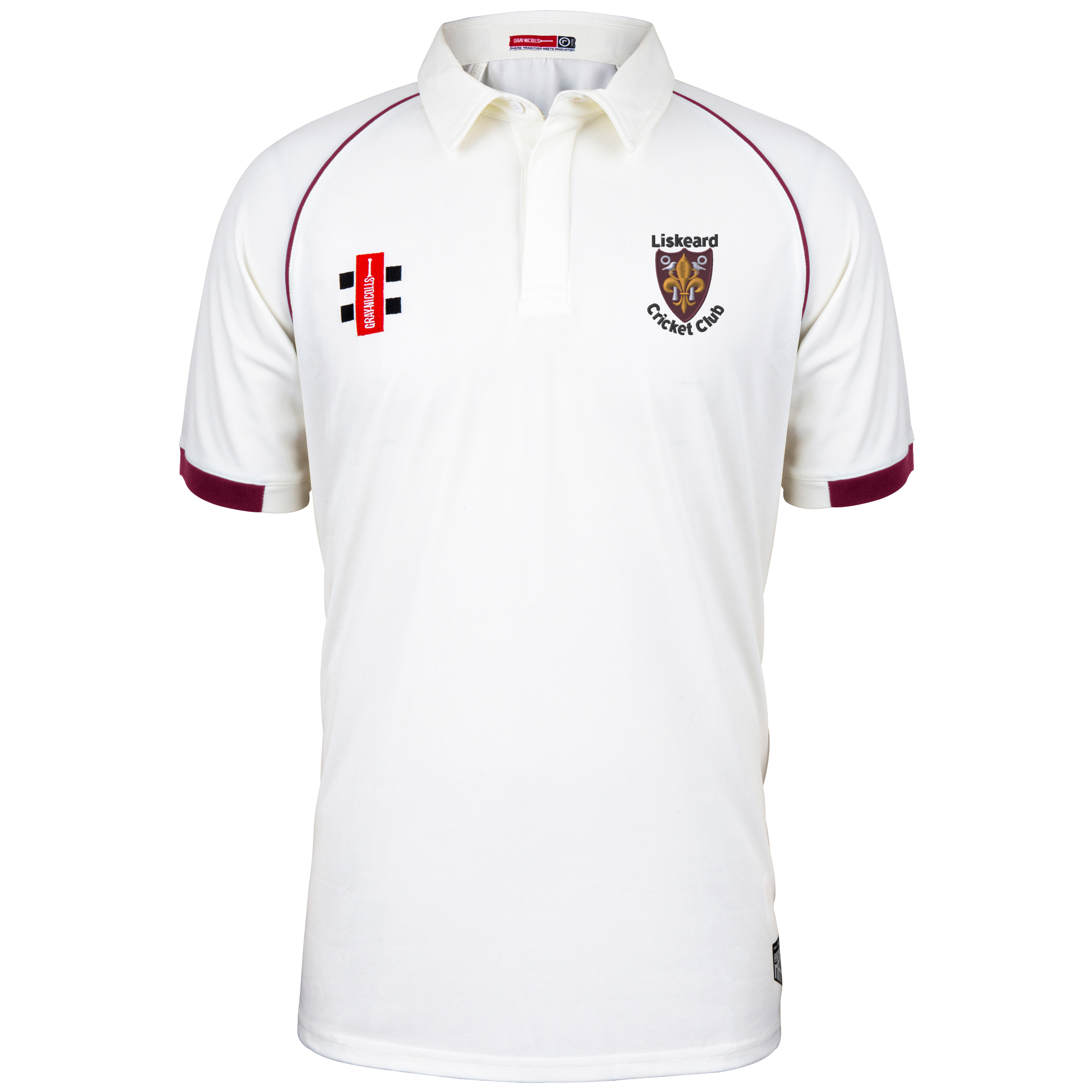 gray-nicolls-liskeard-cc-adult-matrix-v2-s-s-shirt-ivory-maroon-senior image 1